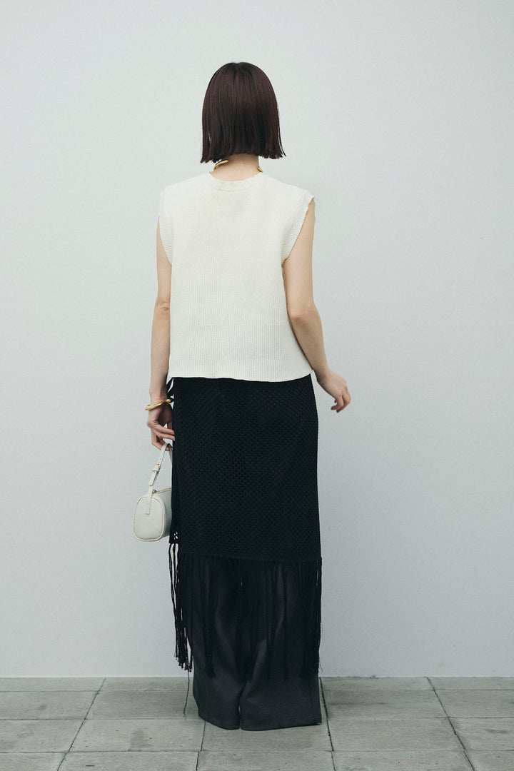 [予約/SET]畦編み金釦ルーズベスト+ヘザーエステルカーブパンツ+メッシュラップスカート(3set)