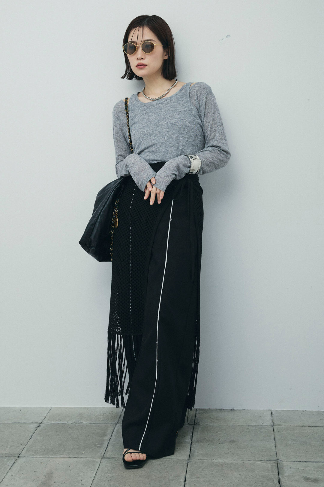 [予約/SET]シアーレイヤードトップス+ヘザーエステルカーブパンツ+メッシュラップスカート(3set)