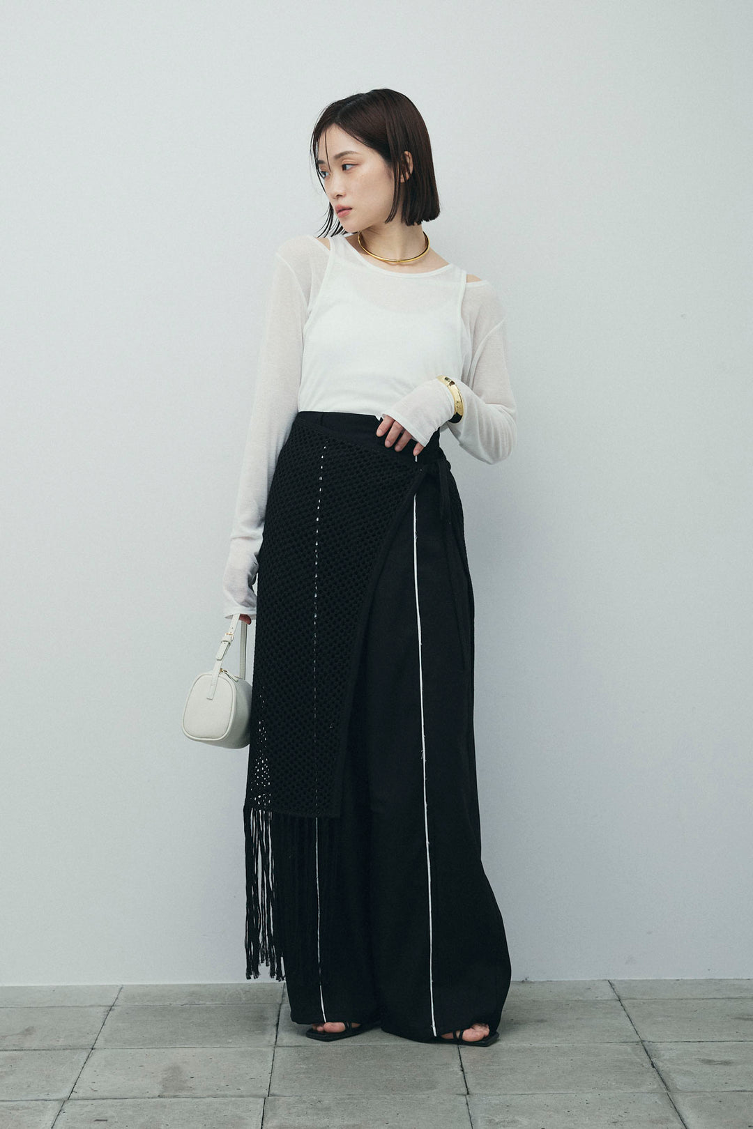 [予約/SET]シアーレイヤードトップス+ヘザーエステルカーブパンツ+メッシュラップスカート(3set)