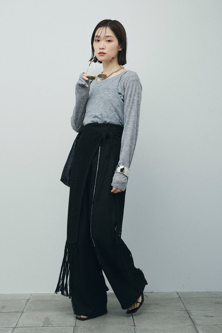 [予約/SET]シアーレイヤードトップス+ヘザーエステルカーブパンツ+メッシュラップスカート(3set)