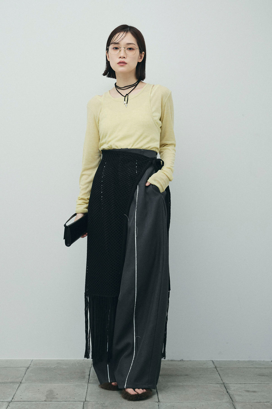 [予約/SET]シアーレイヤードトップス+ヘザーエステルカーブパンツ+メッシュラップスカート(3set)