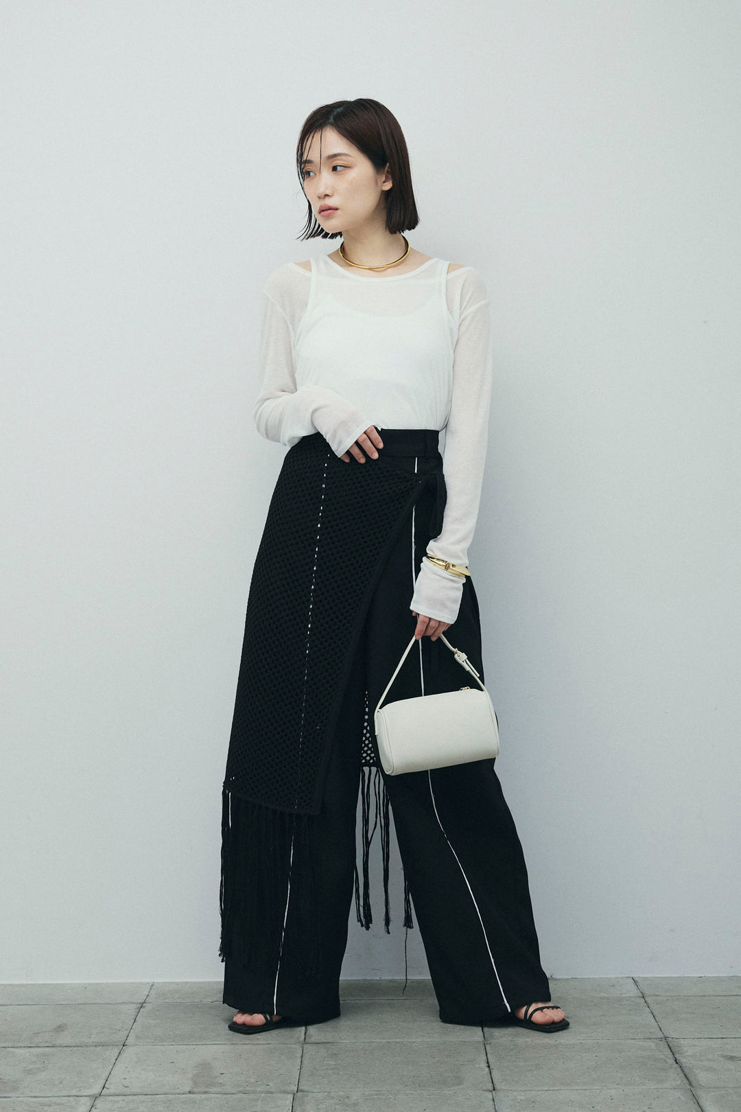 [予約/SET]シアーレイヤードトップス+ヘザーエステルカーブパンツ+メッシュラップスカート(3set)