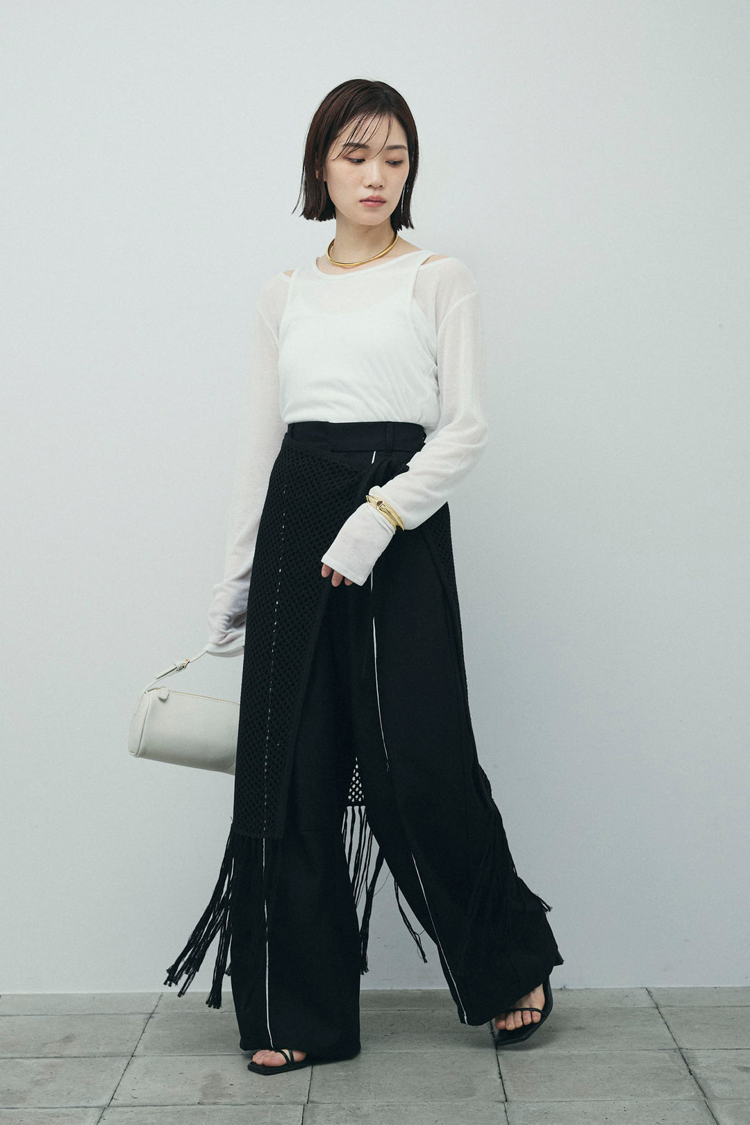 [予約/SET]シアーレイヤードトップス+ヘザーエステルカーブパンツ+メッシュラップスカート(3set)