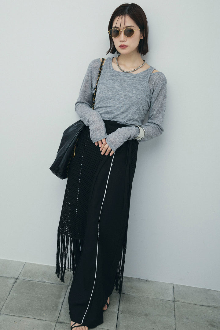 [予約/SET]シアーレイヤードトップス+ヘザーエステルカーブパンツ+メッシュラップスカート(3set)