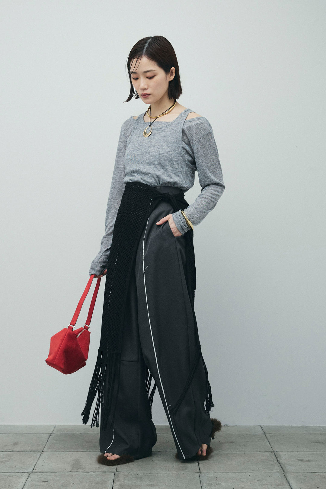 [予約/SET]シアーレイヤードトップス+ヘザーエステルカーブパンツ+メッシュラップスカート(3set)