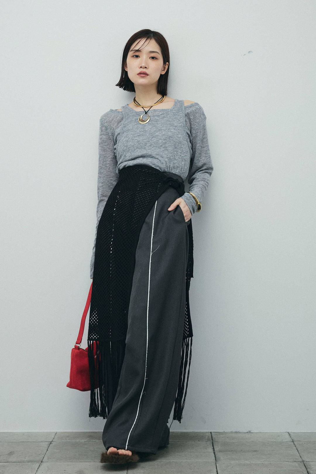 [予約/SET]シアーレイヤードトップス+ヘザーエステルカーブパンツ+メッシュラップスカート(3set)