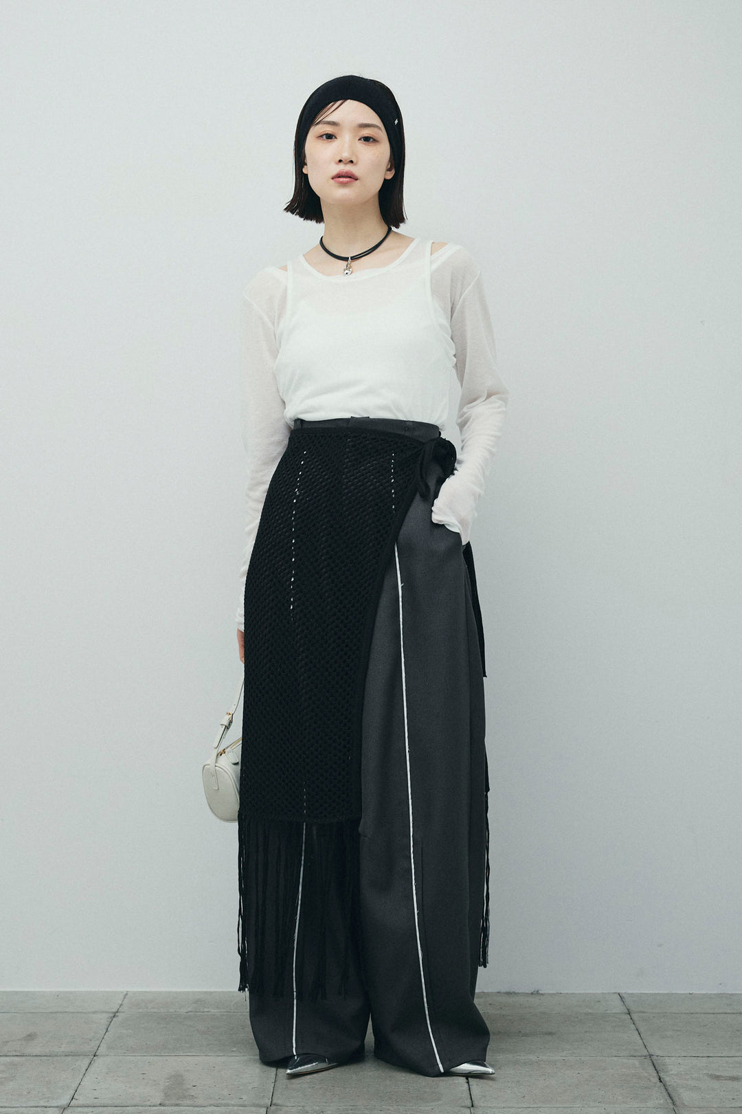 [予約/SET]シアーレイヤードトップス+ヘザーエステルカーブパンツ+メッシュラップスカート(3set)