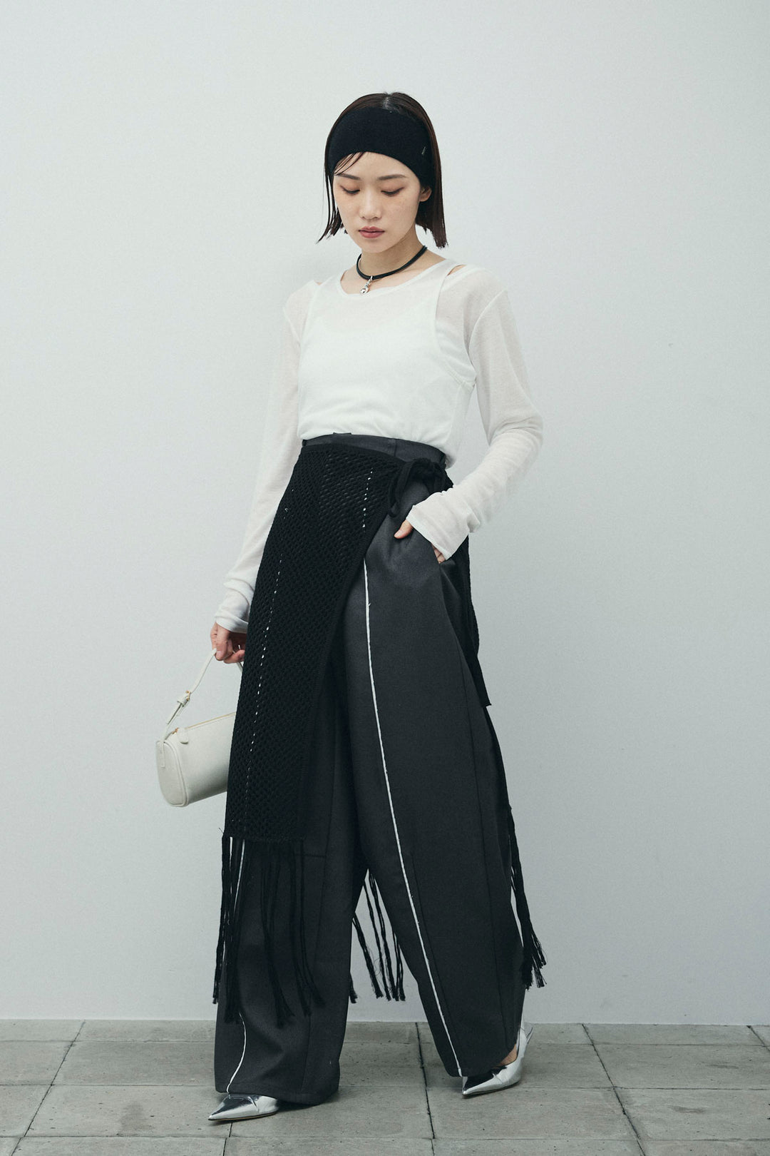 [予約/SET]シアーレイヤードトップス+ヘザーエステルカーブパンツ+メッシュラップスカート(3set)