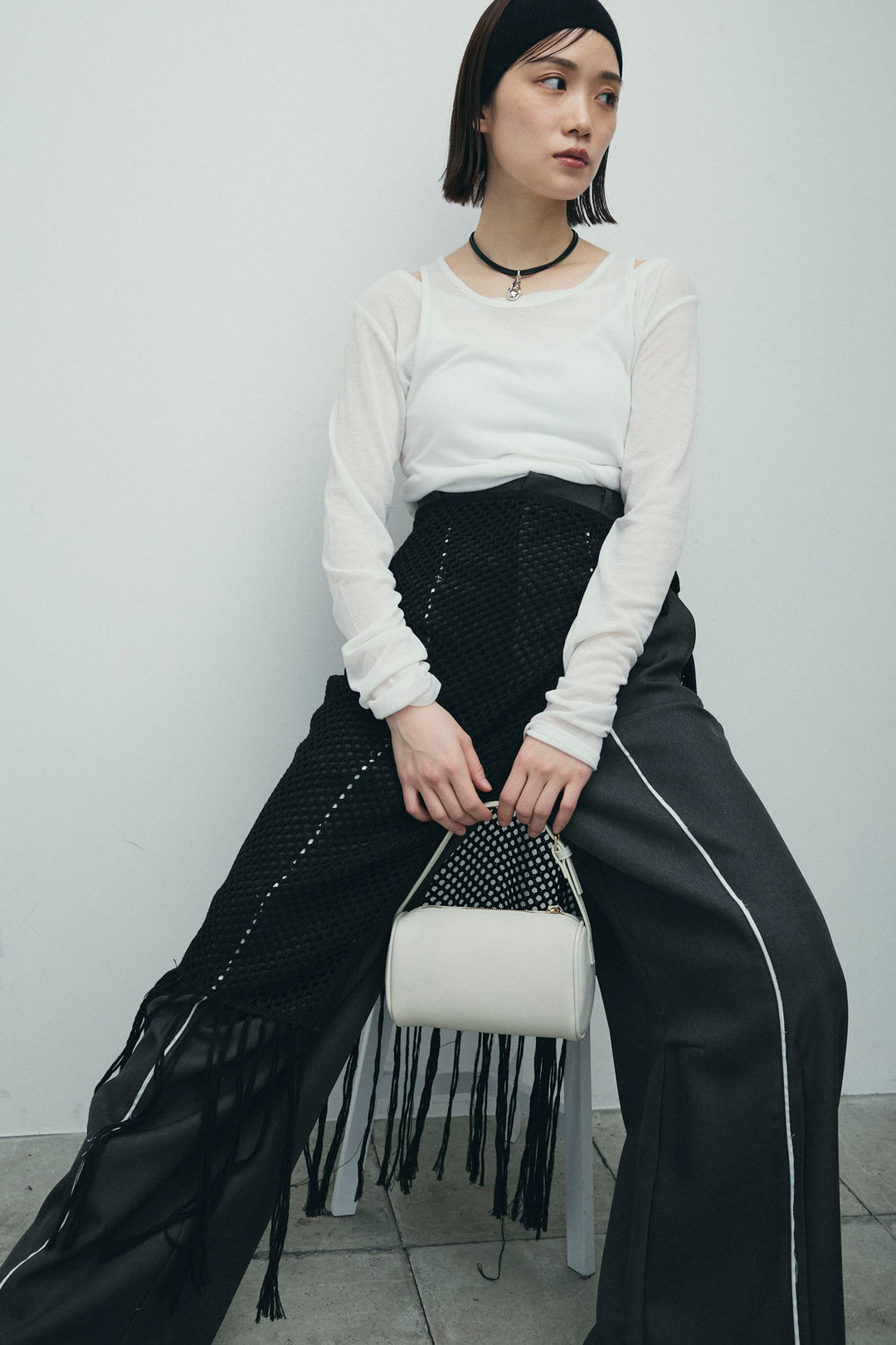 [予約/SET]シアーレイヤードトップス+ヘザーエステルカーブパンツ+メッシュラップスカート(3set)