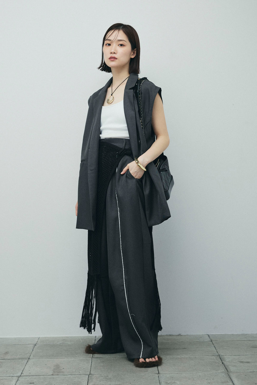 [予約/SET]ヘザーエステルテーラードジレ+ヘザーエステルカーブパンツ+メッシュラップスカート(3set)