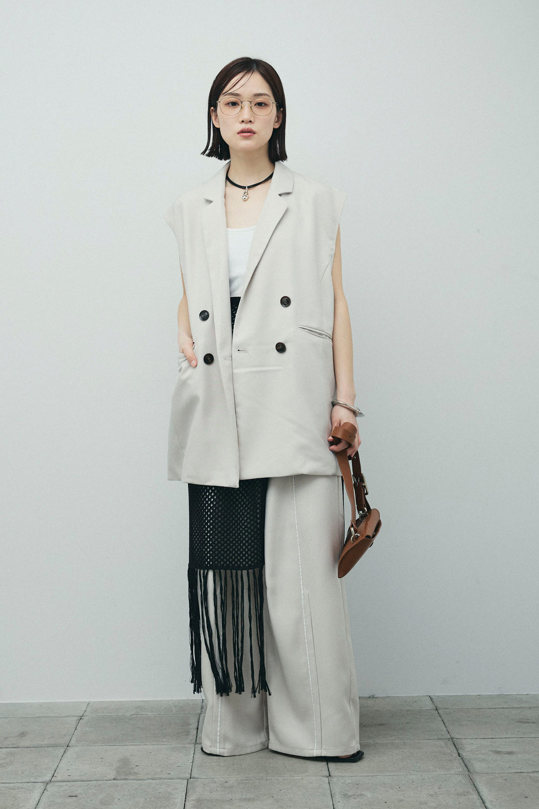 [予約/SET]ヘザーエステルテーラードジレ+ヘザーエステルカーブパンツ+メッシュラップスカート(3set)