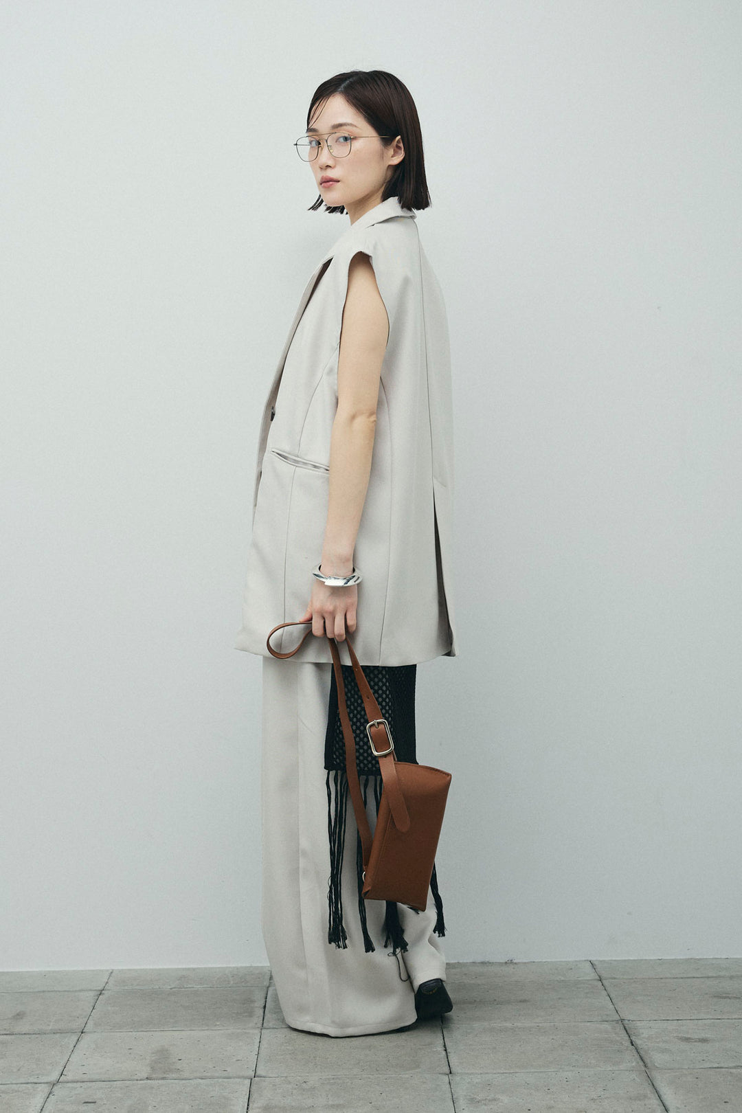 [予約/SET]ヘザーエステルテーラードジレ+ヘザーエステルカーブパンツ+メッシュラップスカート(3set)