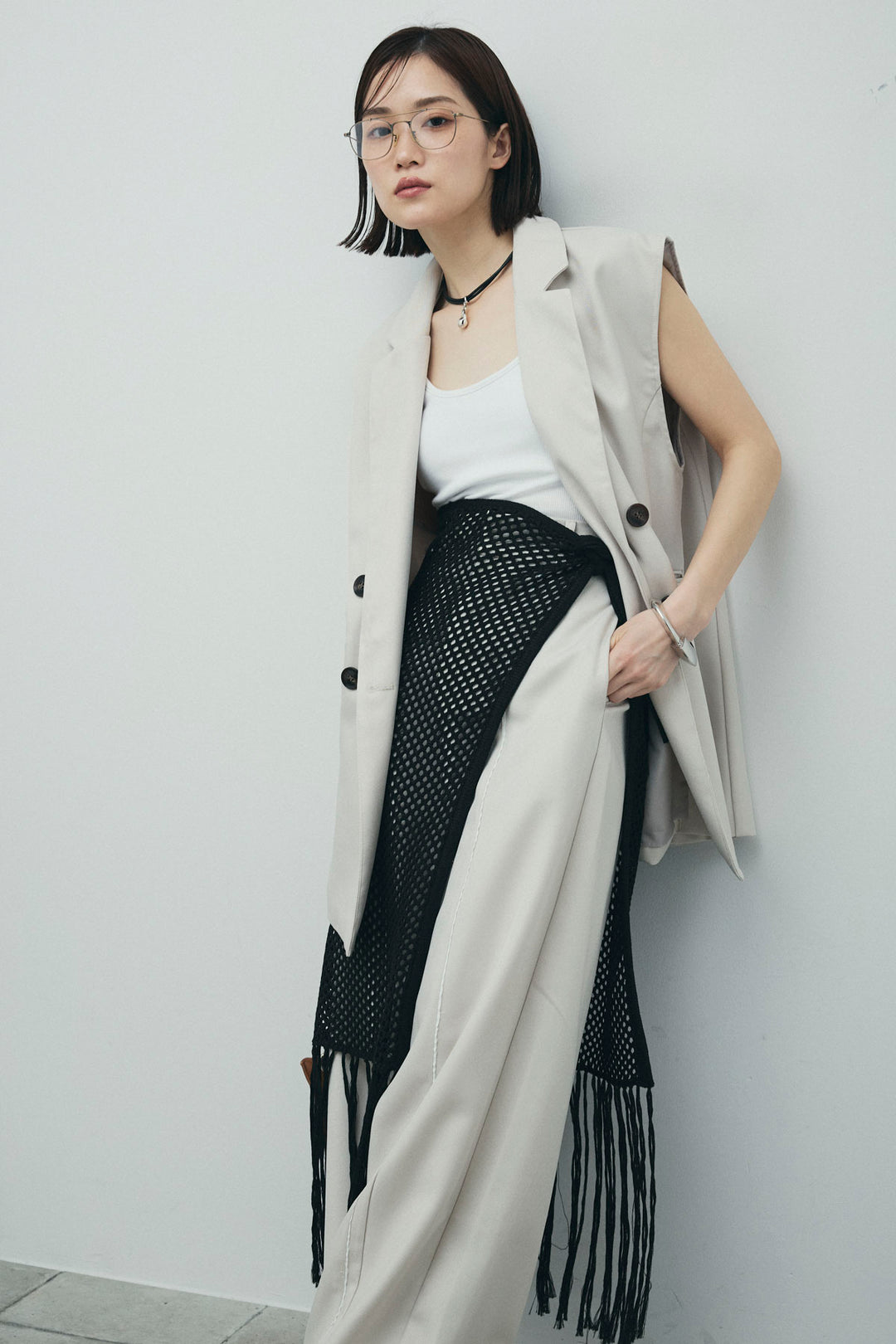 [予約/SET]ヘザーエステルテーラードジレ+ヘザーエステルカーブパンツ+メッシュラップスカート(3set)