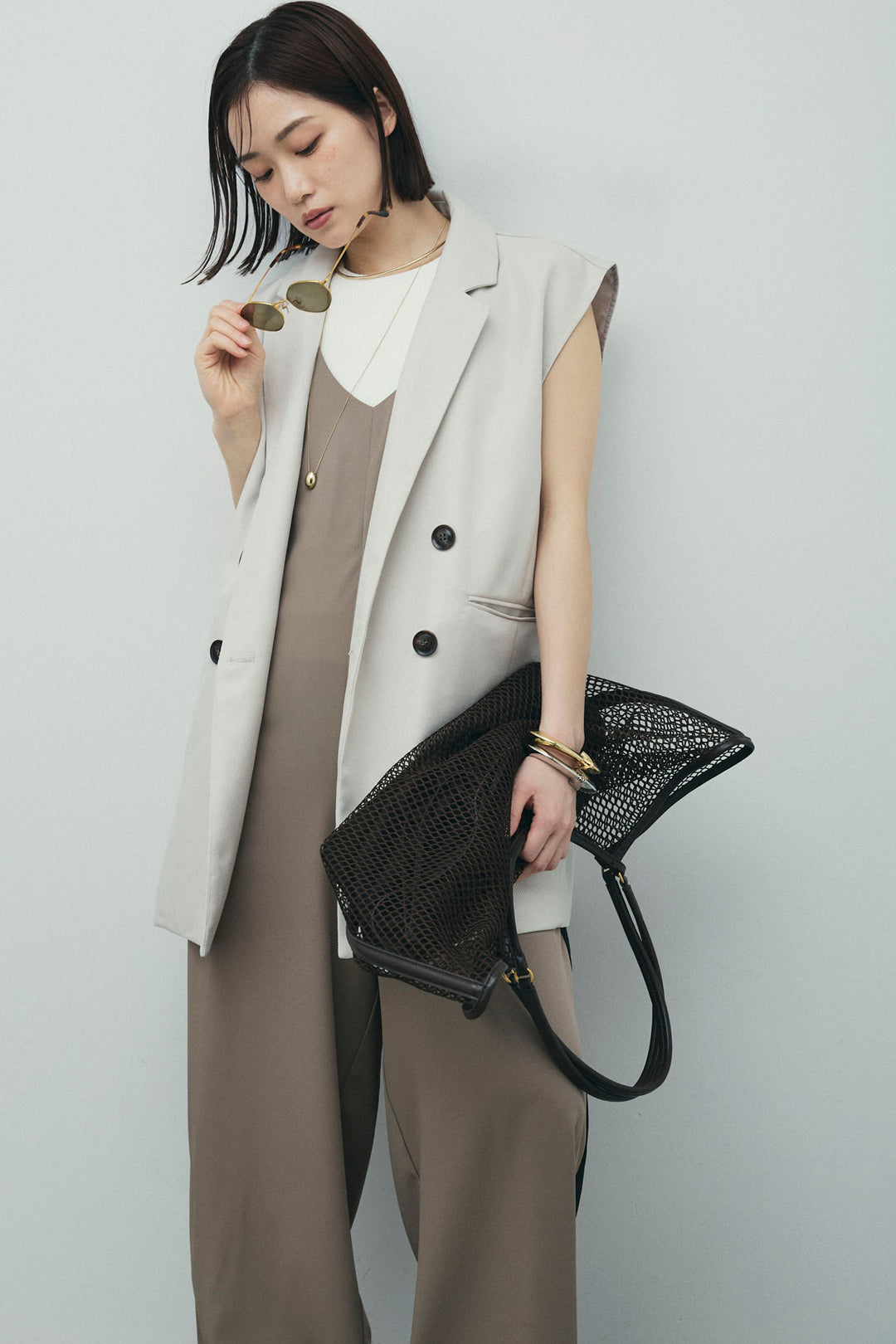 [予約/SET]ヘザーエステルテーラードジレ+サイドラインキャミサロペット(2set)