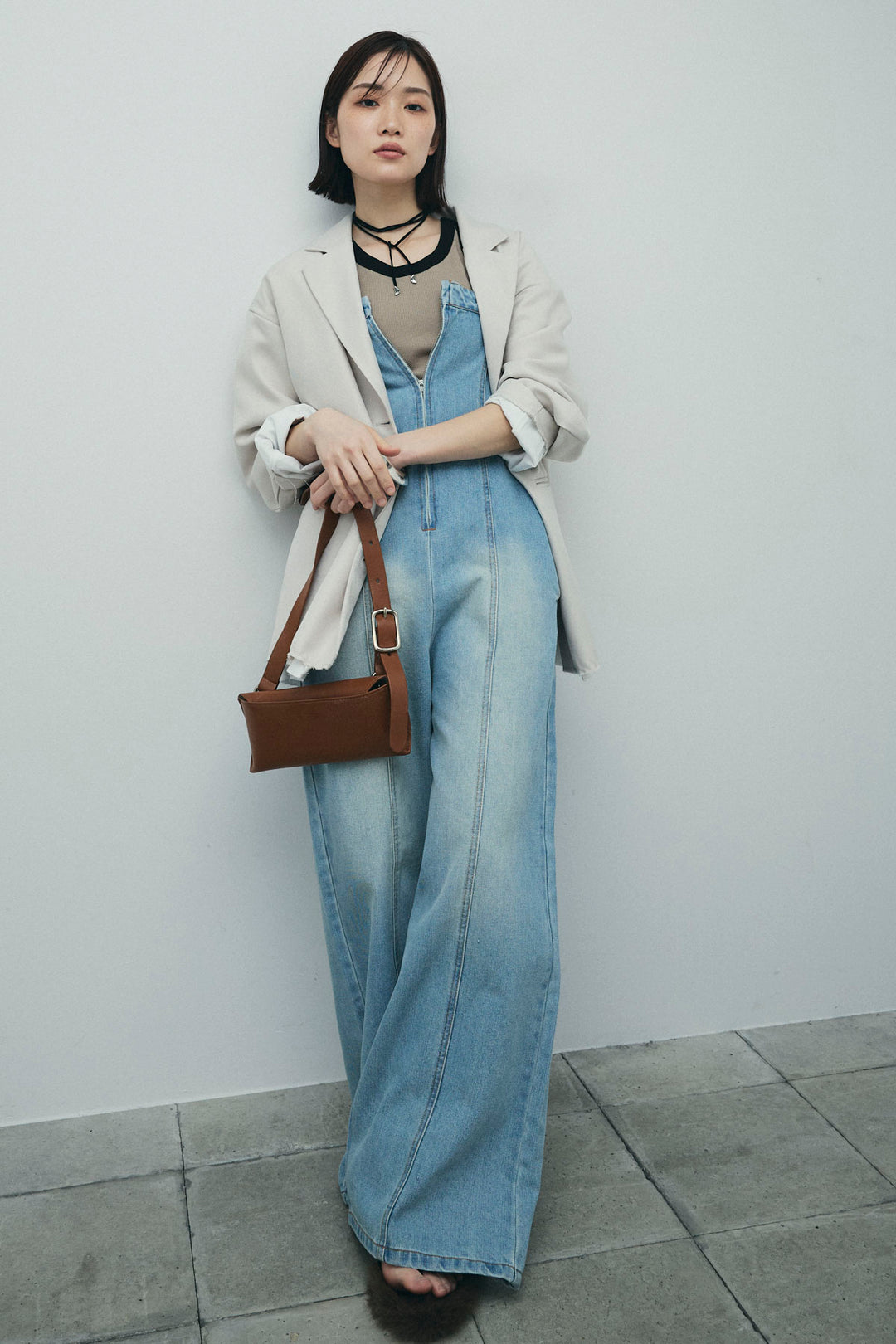 [予約/SET]ヘザーエステルテーラードジャケット+カップ付き配色アメスリタンク+デニムオールインワン(3set)