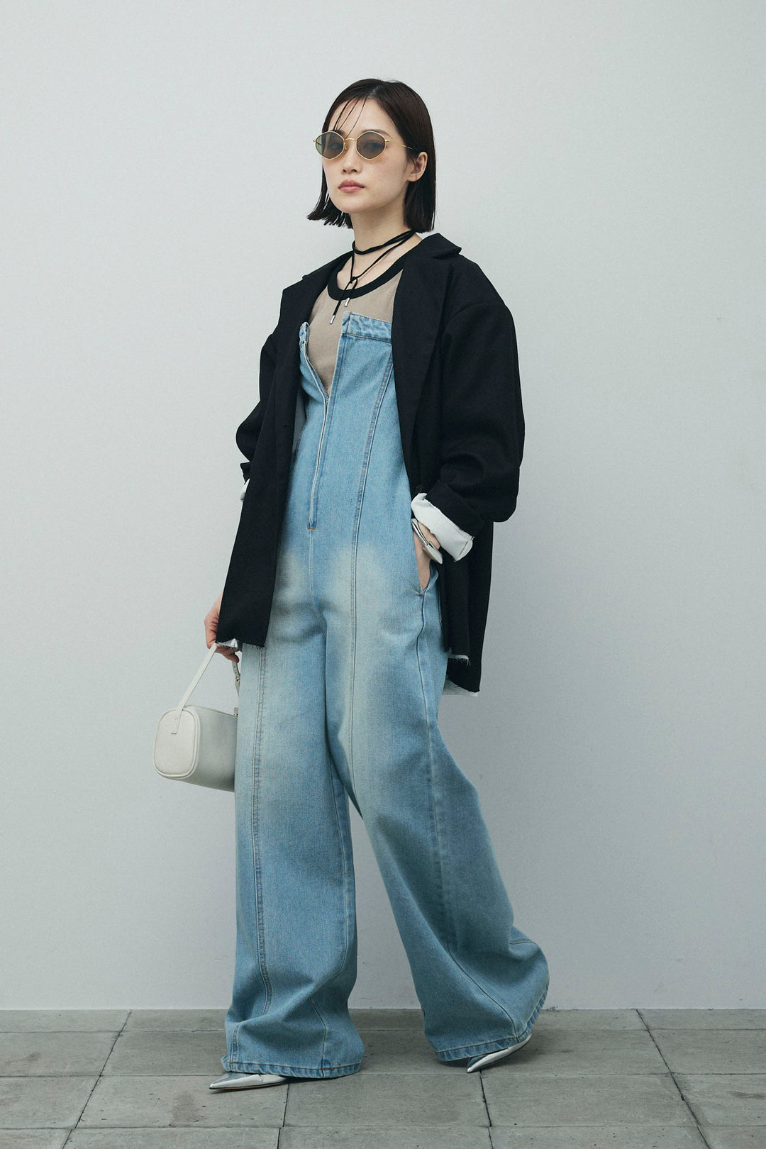 [予約/SET]ヘザーエステルテーラードジャケット+カップ付き配色アメスリタンク+デニムオールインワン(3set)