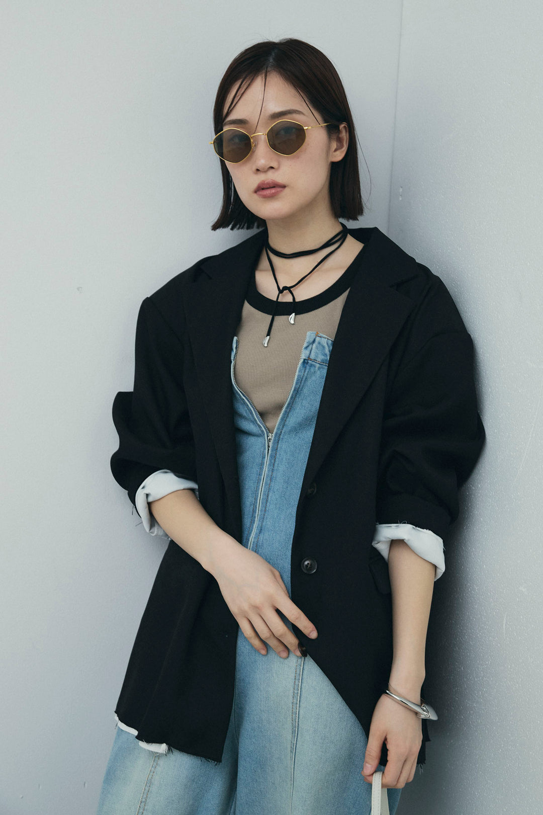 [予約/SET]ヘザーエステルテーラードジャケット+カップ付き配色アメスリタンク+デニムオールインワン(3set)