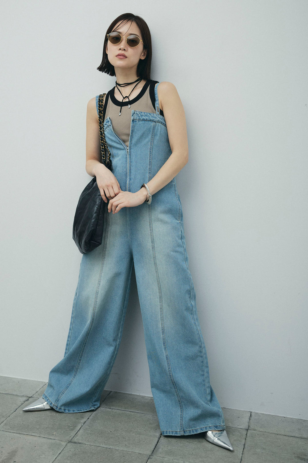 [予約/SET]カップ付き配色アメスリタンク+デニムオールインワン(2set)