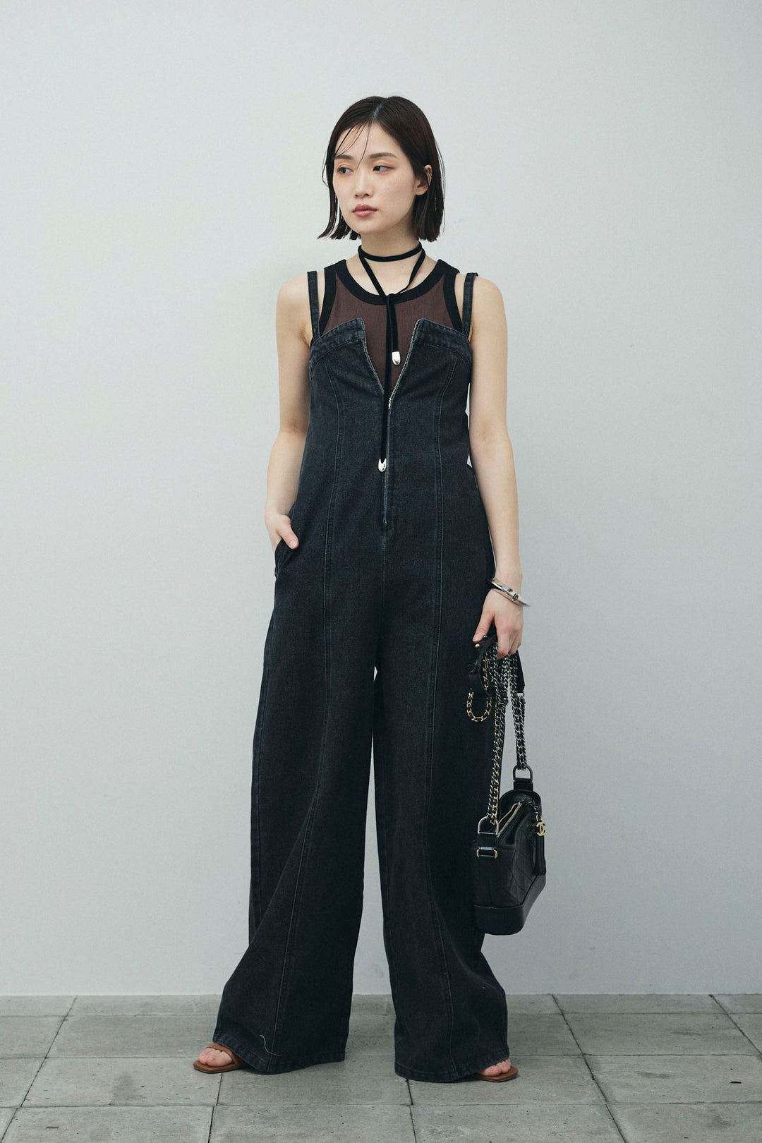 [予約/SET]カップ付き配色アメスリタンク+デニムオールインワン(2set)