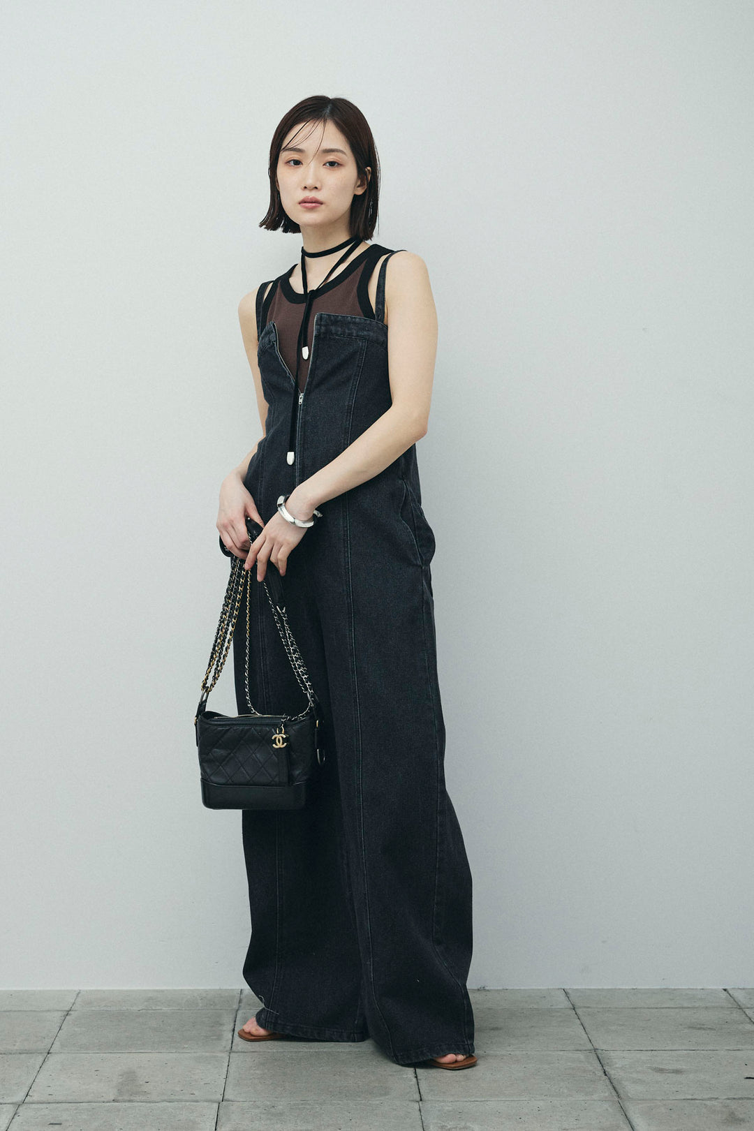 [予約/SET]カップ付き配色アメスリタンク+デニムオールインワン(2set)