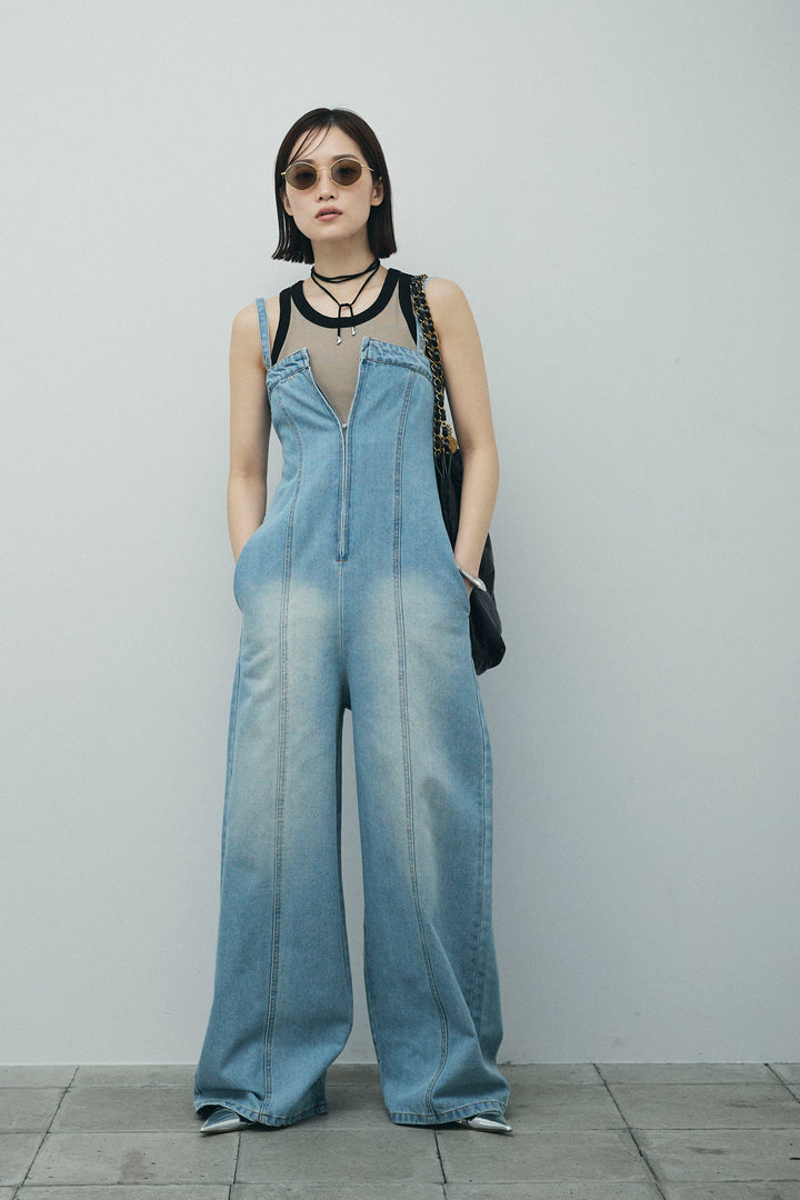 [予約/SET]カップ付き配色アメスリタンク+デニムオールインワン(2set)