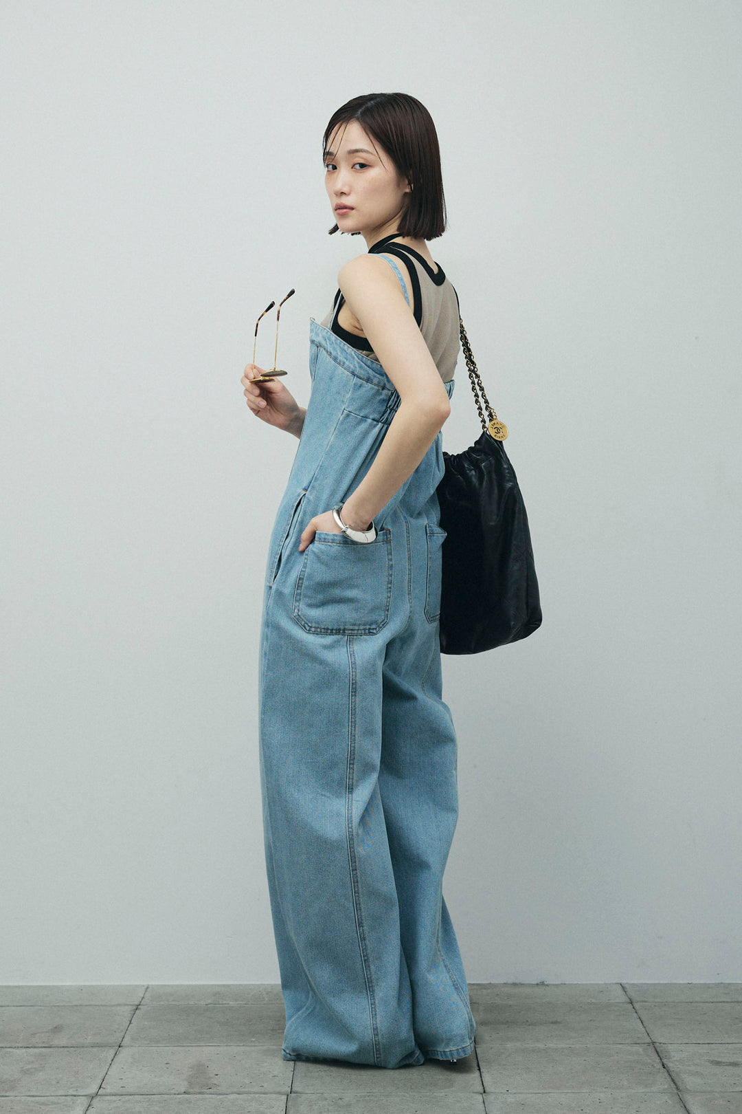 [予約/SET]カップ付き配色アメスリタンク+デニムオールインワン(2set)