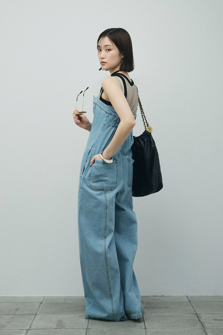 [予約/SET]カップ付き配色アメスリタンク+デニムオールインワン(2set)