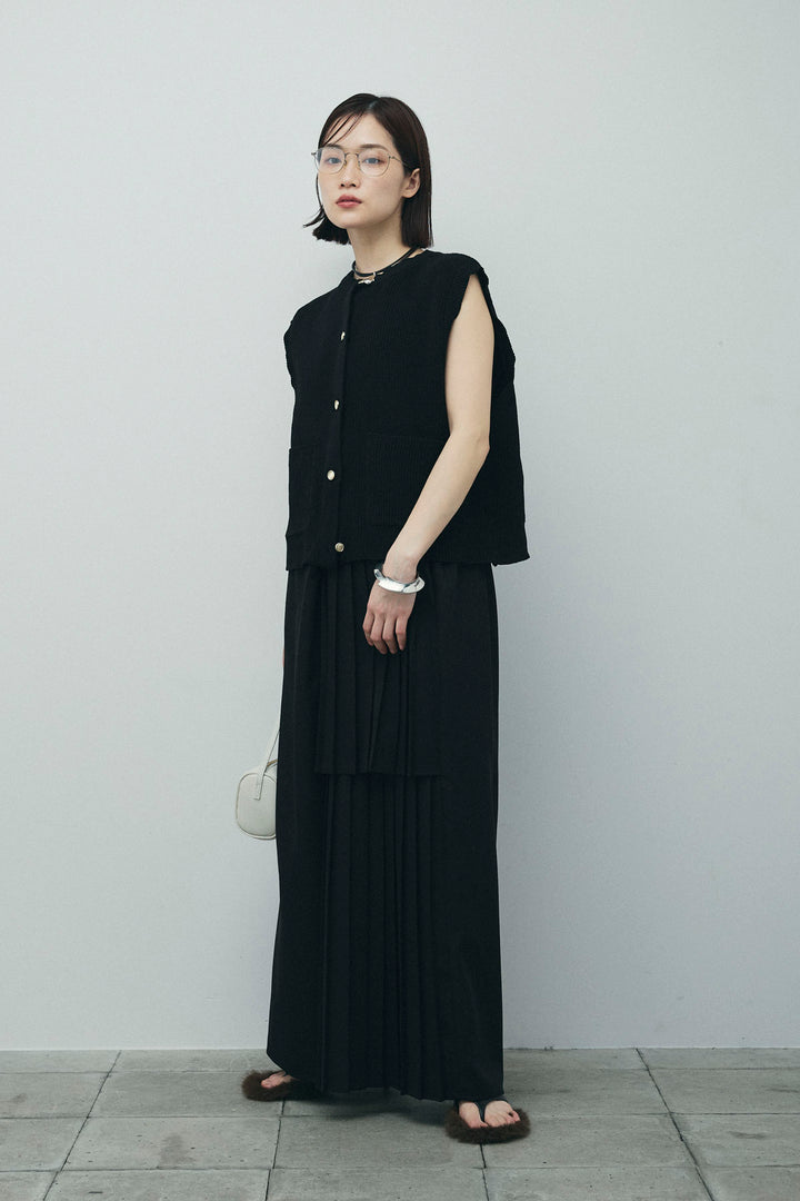 [予約/SET]畦編み金釦ルーズベスト+アシメプリーツパンツ(2set)