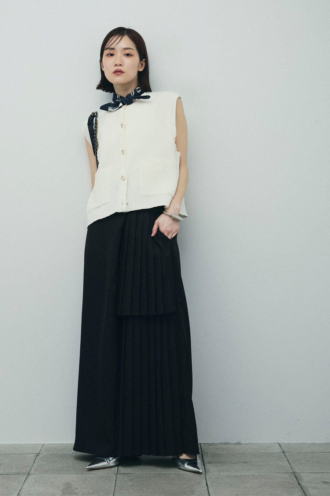 [予約/SET]畦編み金釦ルーズベスト+アシメプリーツパンツ(2set)