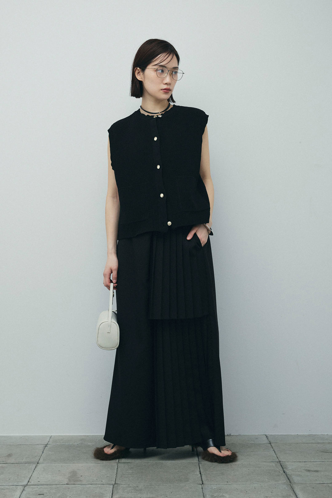 [予約/SET]畦編み金釦ルーズベスト+アシメプリーツパンツ(2set)