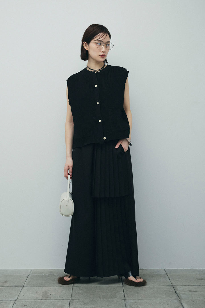 [予約/SET]畦編み金釦ルーズベスト+アシメプリーツパンツ(2set)
