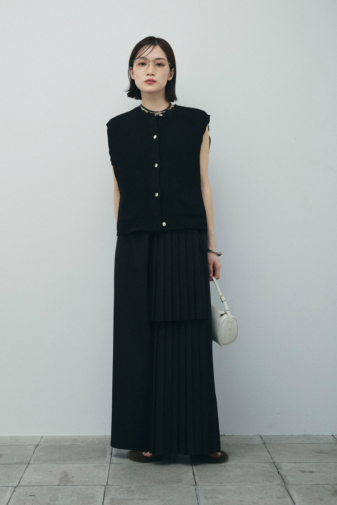 [予約/SET]畦編み金釦ルーズベスト+アシメプリーツパンツ(2set)