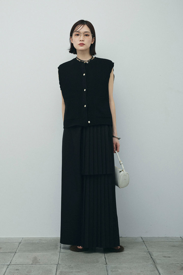[予約/SET]畦編み金釦ルーズベスト+アシメプリーツパンツ(2set)