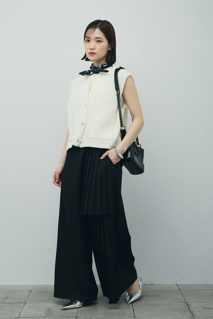 [予約/SET]畦編み金釦ルーズベスト+アシメプリーツパンツ(2set)