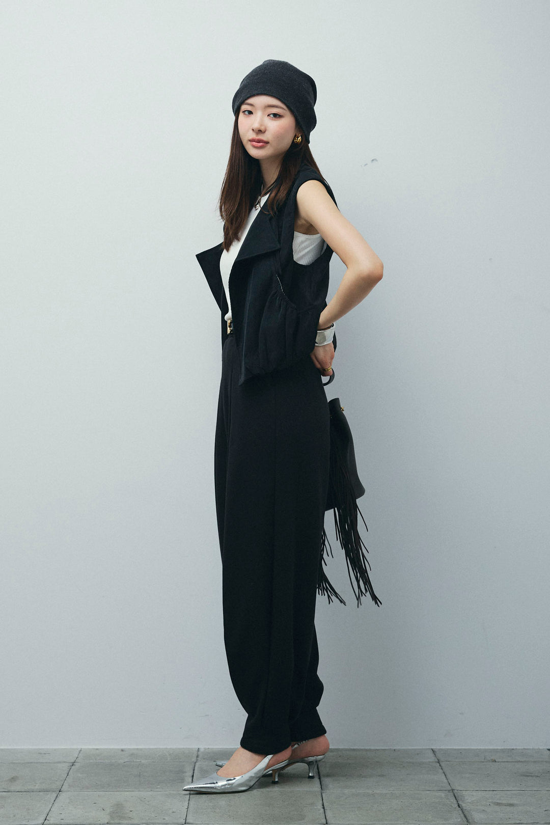 [予約/SET]フェイクスウェードショートベスト+タックボリュームスウェットパンツ(2set)