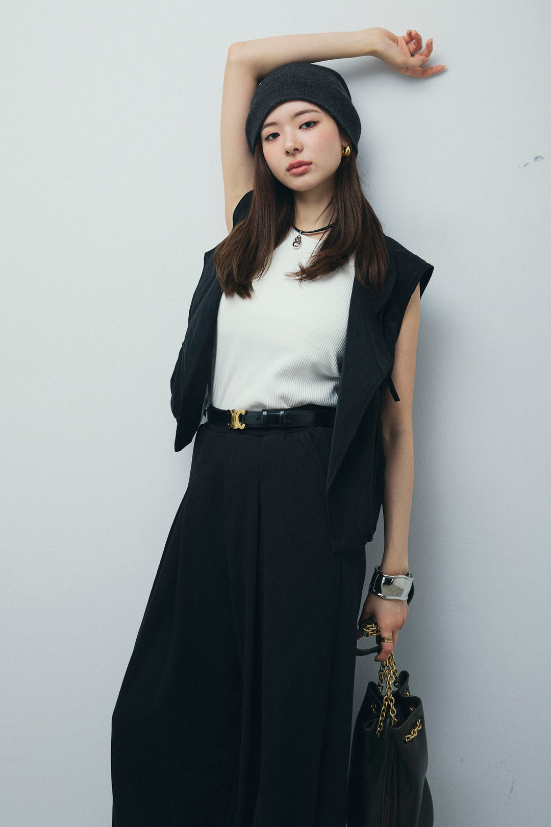 [予約/SET]フェイクスウェードショートベスト+タックボリュームスウェットパンツ(2set)