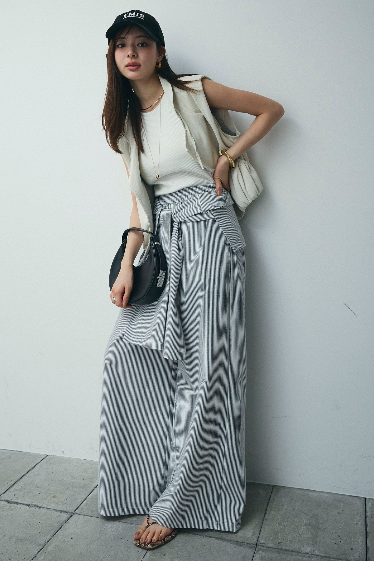 ワイドパンツ ストライプ オールインワン ウエストタイ 韓国系 haek パンツ stripe wide pants/ストライプワイドパンツ