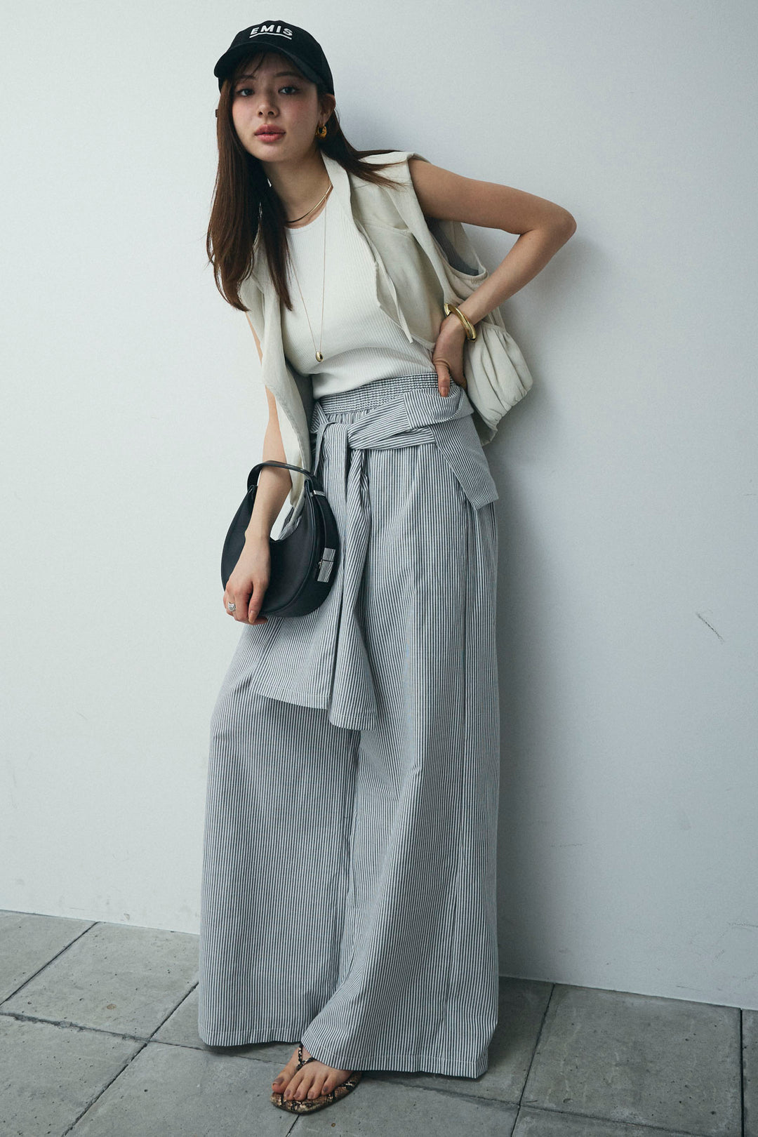 [予約]ウエスト巻きストライプワイドパンツ