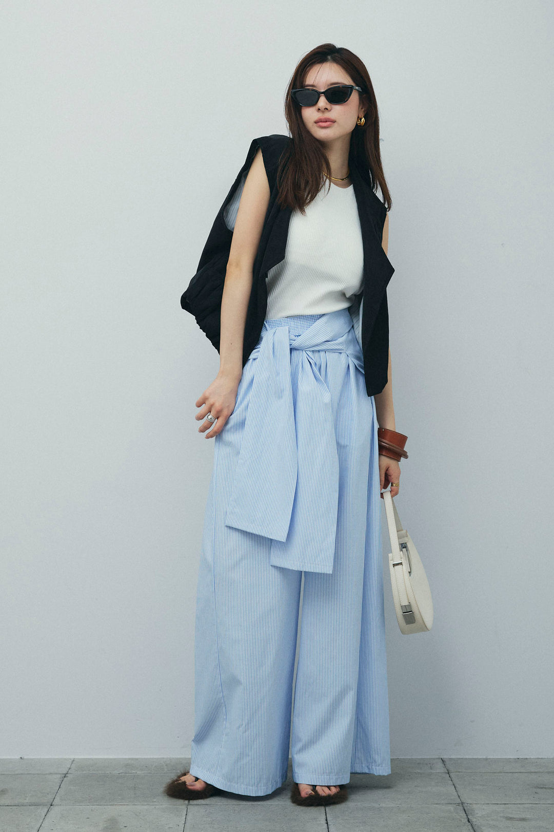 [予約]ウエスト巻きストライプワイドパンツ