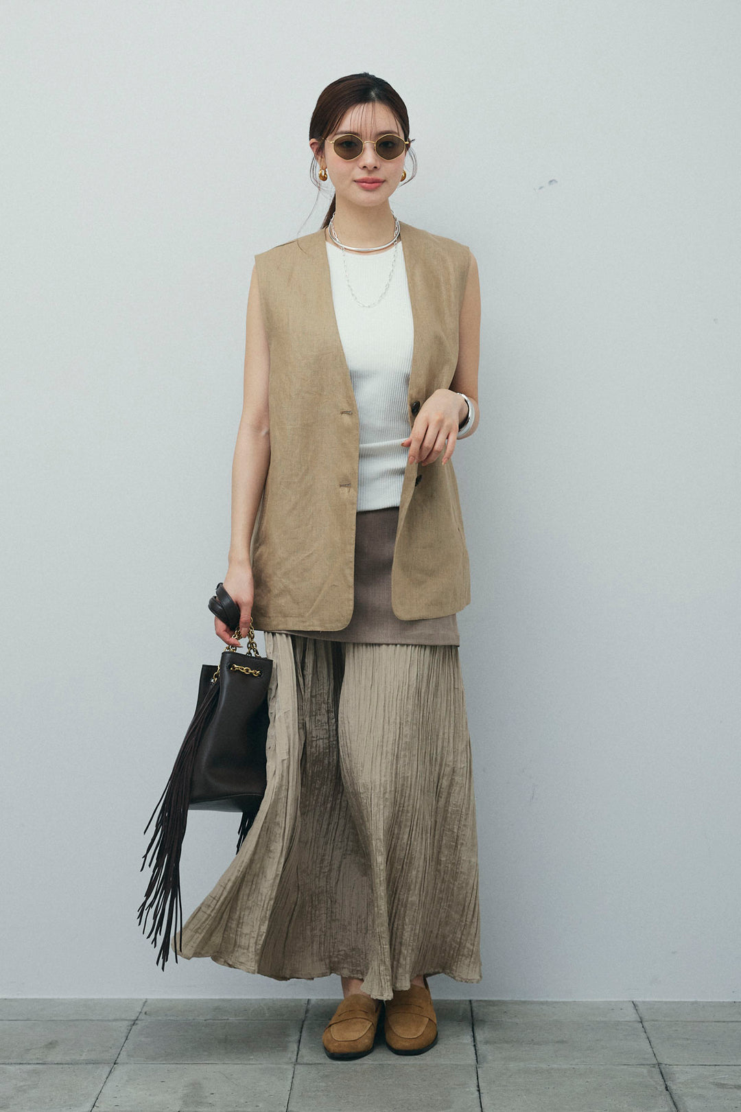 [予約/SET]ノーカラージレ+レイヤードスカート(2set)