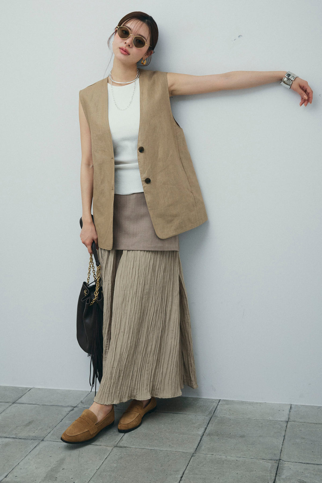 [予約/SET]ノーカラージレ+レイヤードスカート(2set)