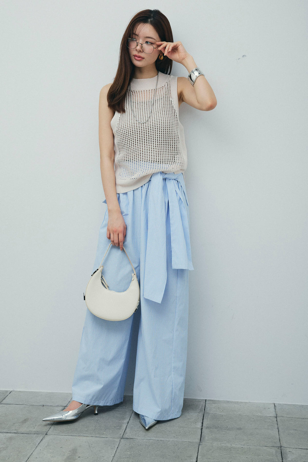 [予約/SET]フィッシュネットノースリーブニット+カップ付きストラップキャミ(2set)