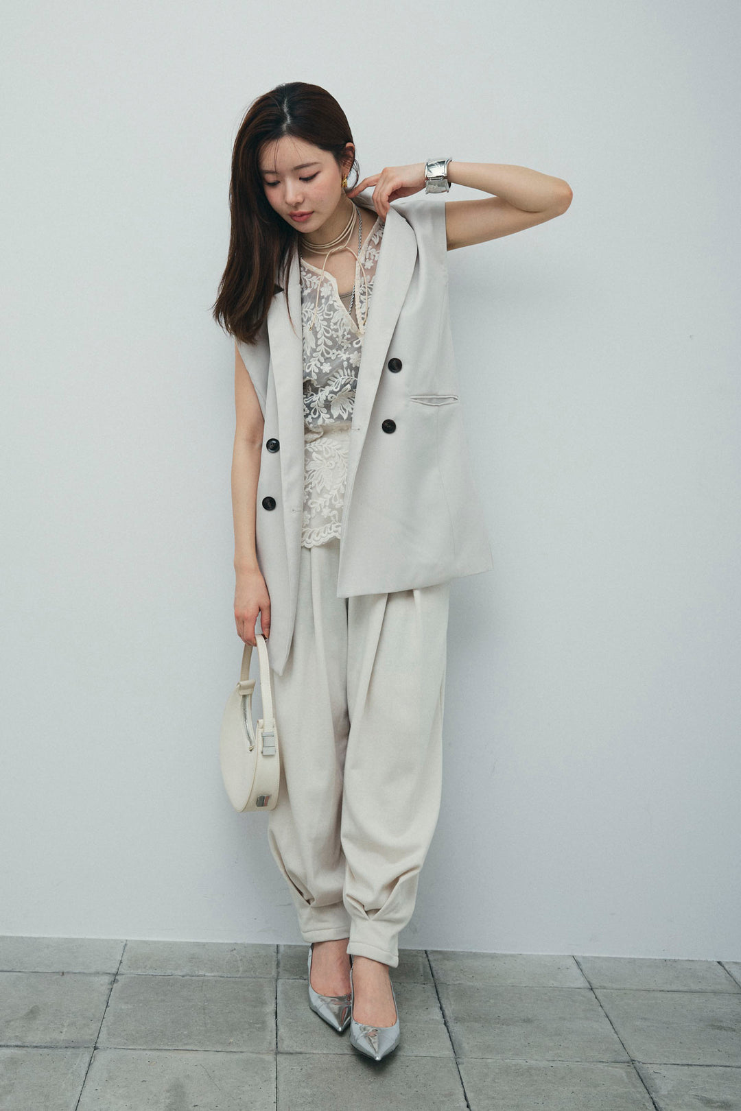 [予約/SET]ヘザーエステルテーラードジレ+オーガンジーレースPO+タックボリュームスウェットパンツ(3set)