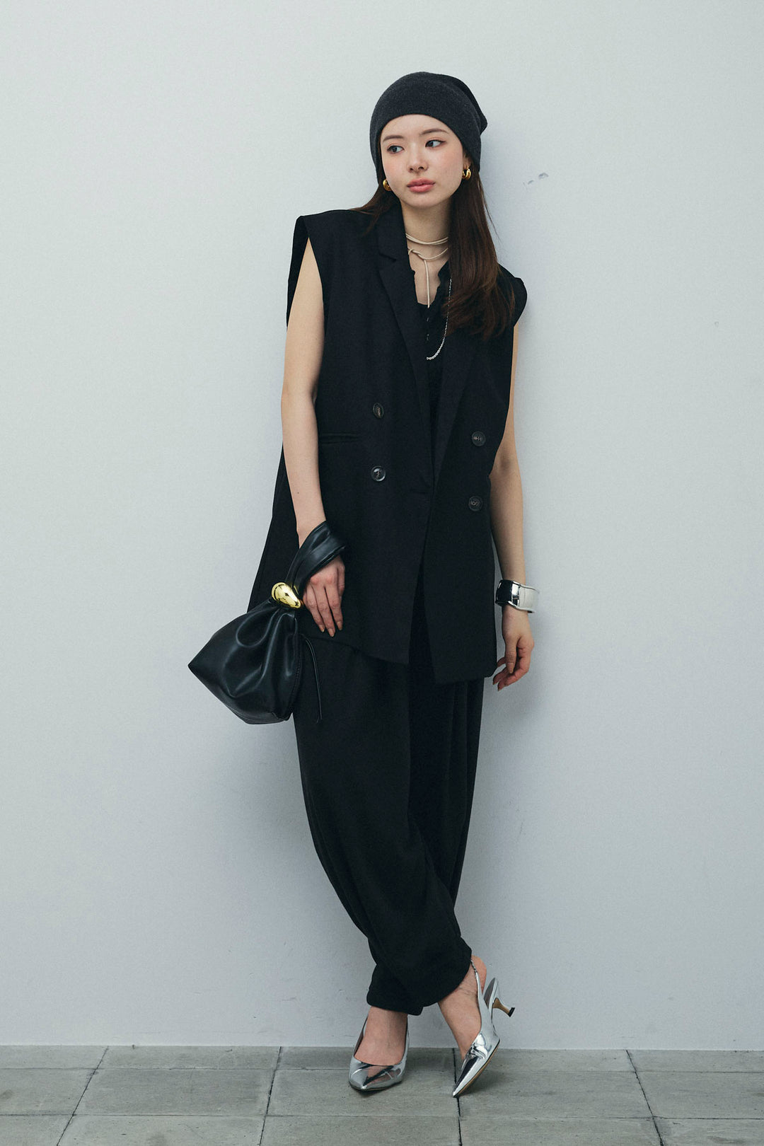 [予約/SET]ヘザーエステルテーラードジレ+オーガンジーレースPO+タックボリュームスウェットパンツ(3set)