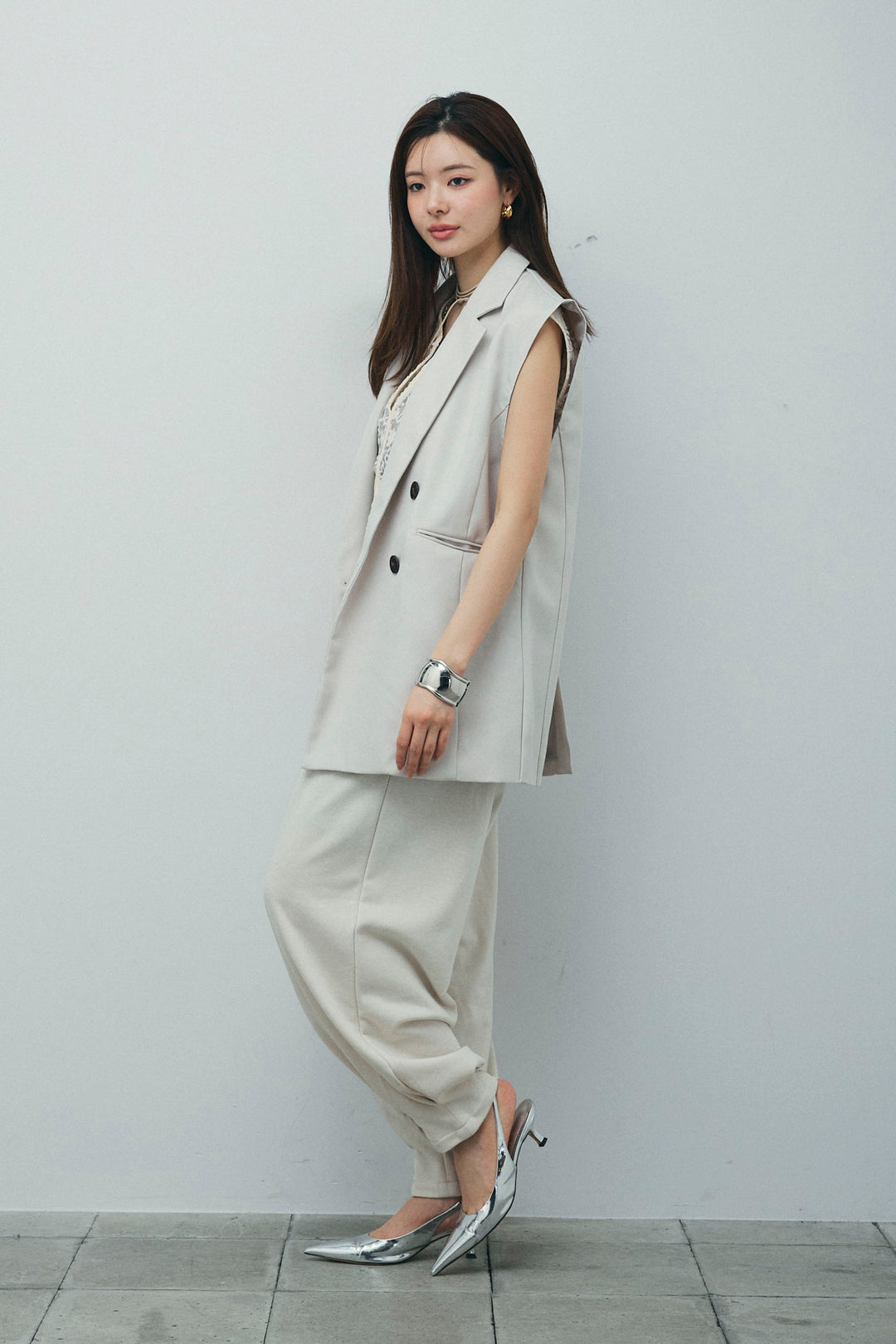 [予約/SET]ヘザーエステルテーラードジレ+オーガンジーレースPO+タックボリュームスウェットパンツ(3set)