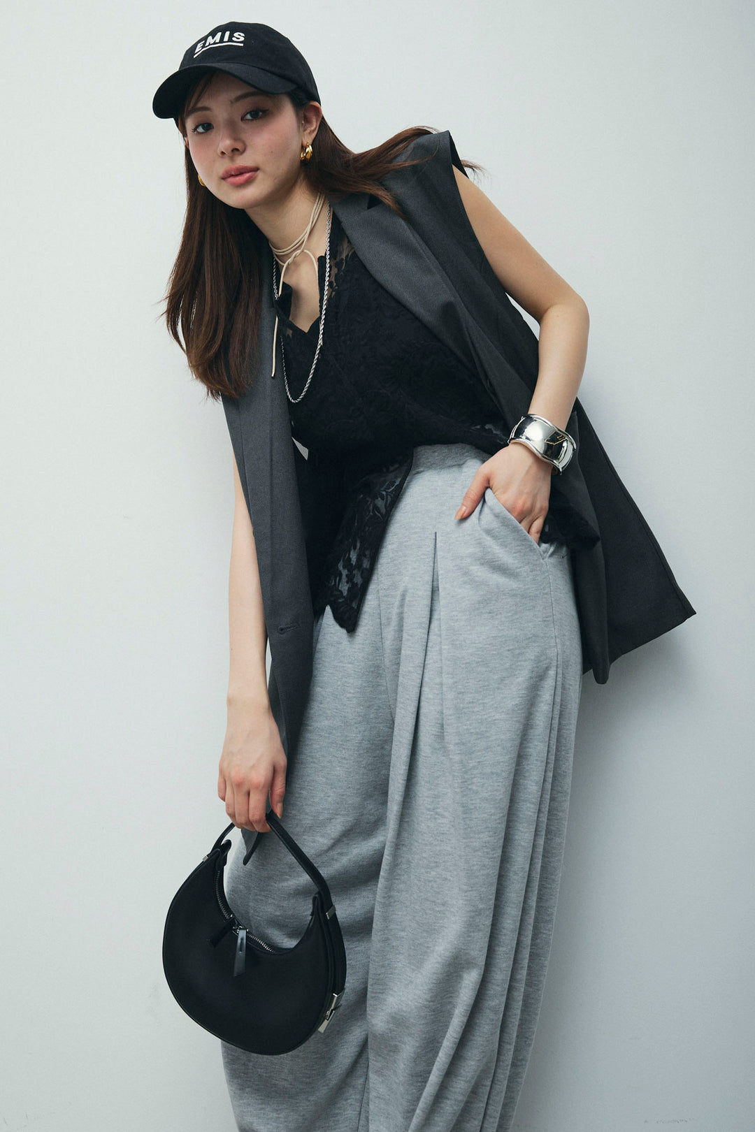 [予約/SET]ヘザーエステルテーラードジレ+タックボリュームスウェットパンツ(2set)