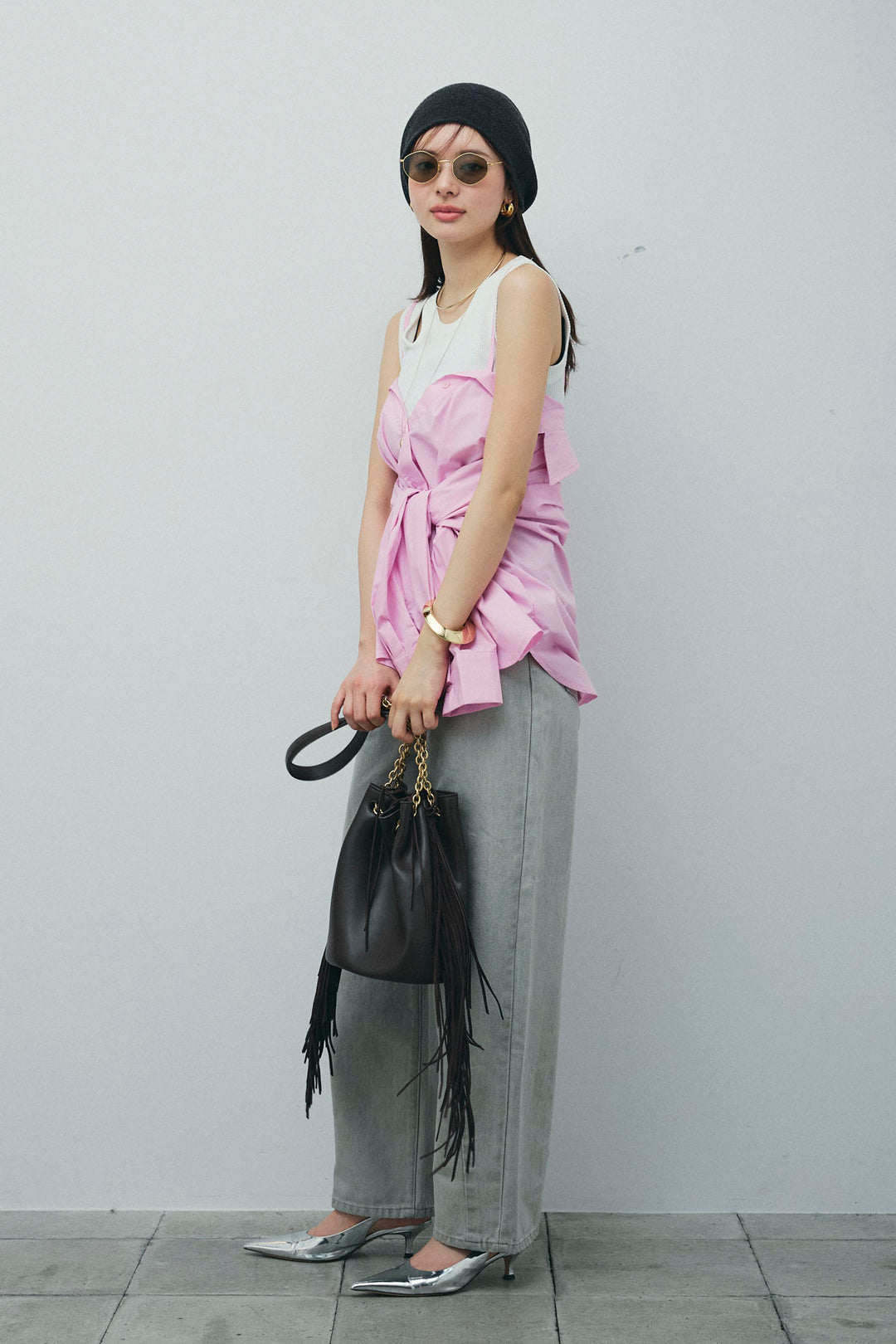 [予約/SET]2WAYキャミソールビスチェシャツ+カットアウトリブタンク+ヴィンテージカーブデニムパンツ(3set)