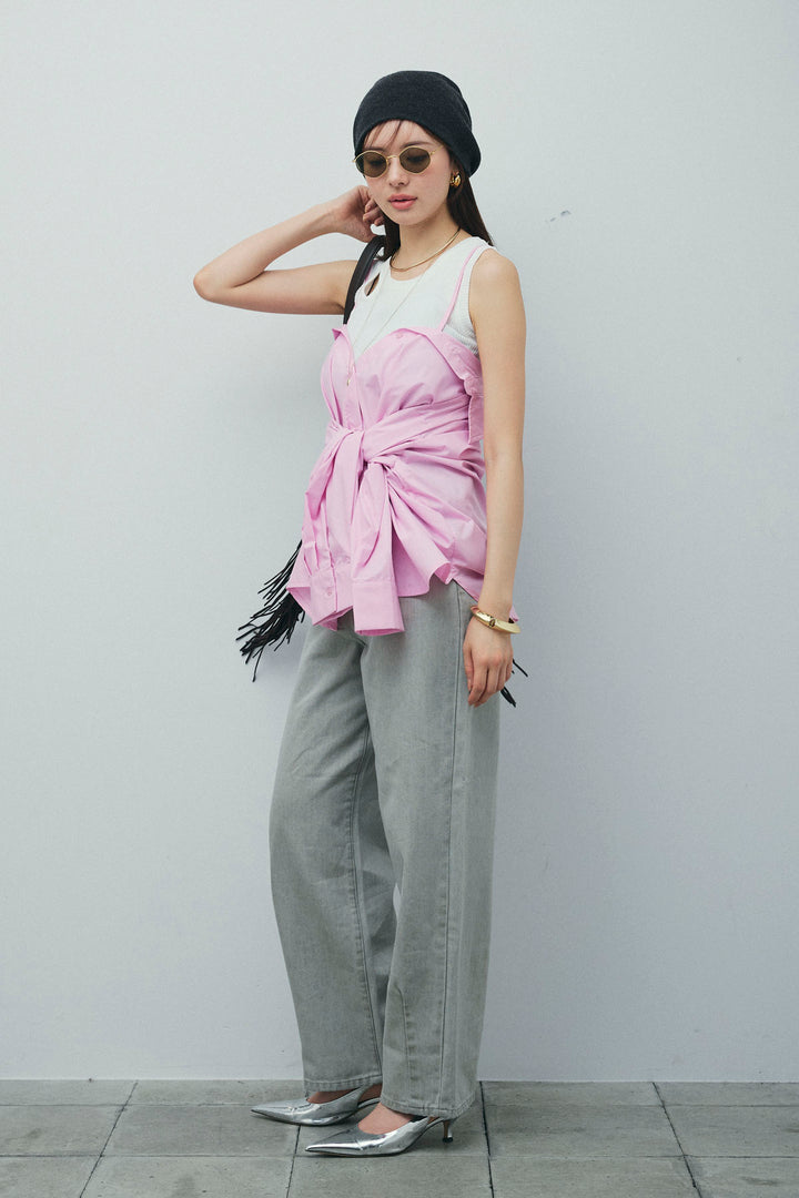 [予約/SET]2WAYキャミソールビスチェシャツ+カットアウトリブタンク+ヴィンテージカーブデニムパンツ(3set)