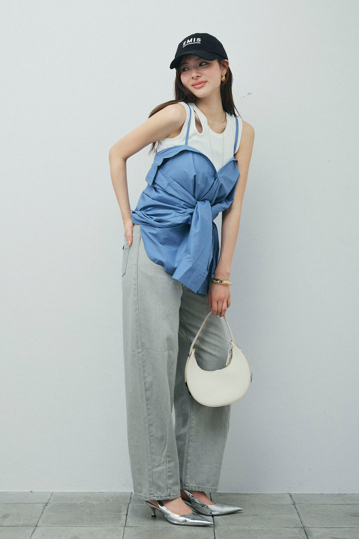 [予約/SET]2WAYキャミソールビスチェシャツ+カットアウトリブタンク+ヴィンテージカーブデニムパンツ(3set)