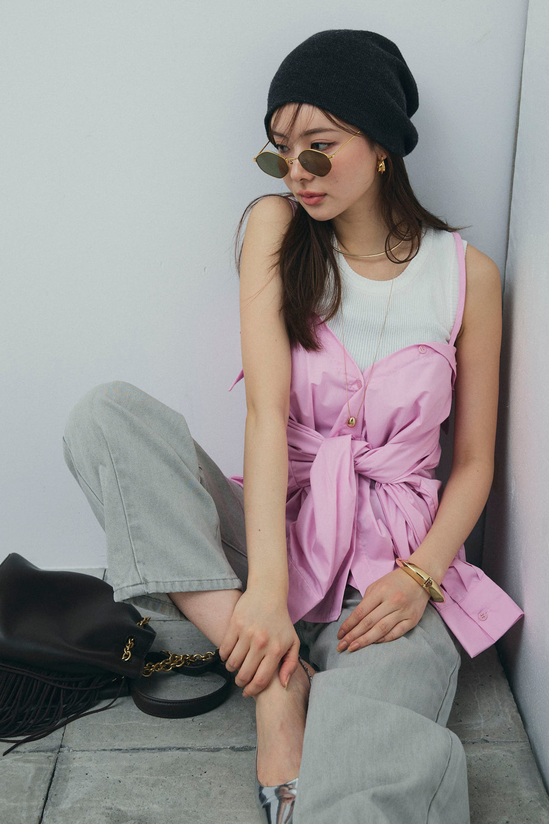 [予約/SET]2WAYキャミソールビスチェシャツ+カットアウトリブタンク(2set)